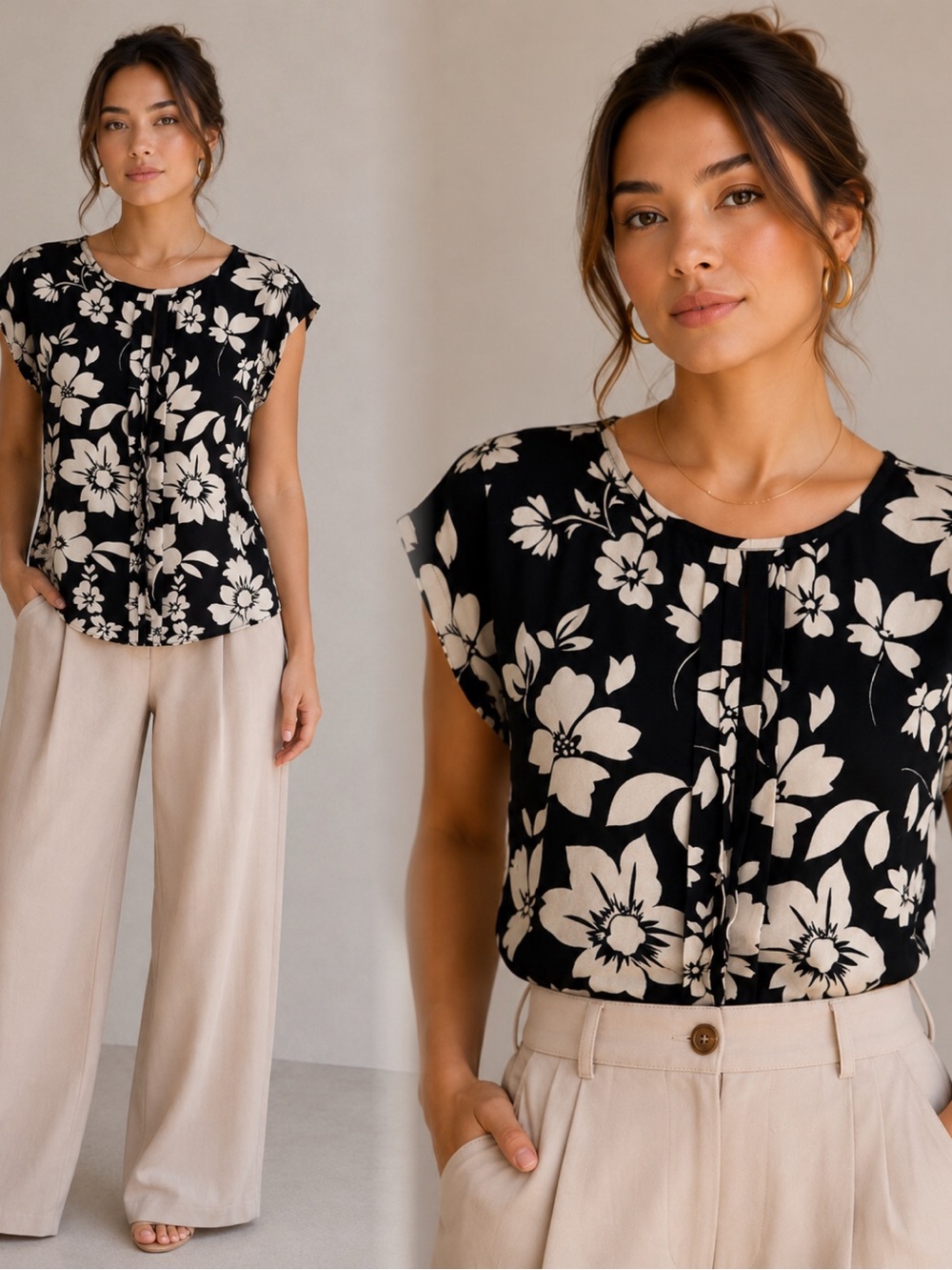 The Limited Black Top with Cream Floral Print